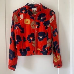 Red Floral Silk Bomber-Style Jacket